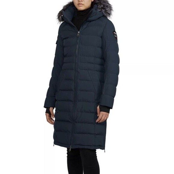 NWT Pajar Womens Venice Long Puffer Jacket Faux Fur Hood Size XS Blue Coat $649